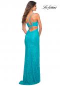 Picture of: Bright Stretch Lace Prom Dress with Deep V Neckline in Aqua, Detail Picture 2