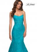 Picture of: Bright Mermaid Lace Gown with Sheer Bodice and Open Back in Blue, Style: 30612, Detail Picture 2