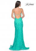 Picture of: Lace Dress with Deep V-Neck and Rhinestones in Aqua, Style: 31134, Detail Picture 2