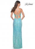 Picture of: Sequin and Beaded Lace Gown with High Slit and Illusion Bodice in Aqua, Style: 32211, Detail Picture 2
