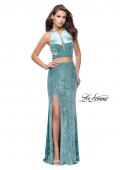 Picture of: Long Velvet Prom Dress with Crop Top and Leg Slit in Aqua, Style: 25500, Detail Picture 3