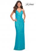 Picture of: Bright Draped Slit Long Sequin Gown with Lace Up Back in Aqua, Detail Picture 3