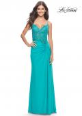 Picture of: Lace Asymmetrical Gown with Jersey Skirt and Twist Knot Detail in Neon in Aqua, Style: 31447, Detail Picture 3