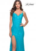 Picture of: Gorgeous Neon Lace Stretch Gown in Aqua, Style: 31513, Detail Picture 3