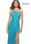 Picture of: Beaded Lace One Shoulder Dress with Unique Lace Up Back in Aqua, Style: 31515, Detail Picture 3