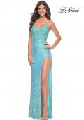 Picture of: Sequin and Beaded Lace Gown with High Slit and Illusion Bodice in Aqua, Style: 32211, Detail Picture 3