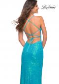 Picture of: Bright Draped Slit Long Sequin Gown with Lace Up Back in Aqua, Detail Picture 4
