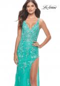 Picture of: Lace Long Dress with High Side Slit and V Neckline in Aqua, Style: 31125, Detail Picture 4