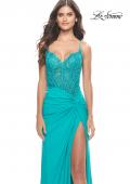 Picture of: Lace Asymmetrical Gown with Jersey Skirt and Twist Knot Detail in Neon in Aqua, Style: 31447, Detail Picture 4