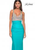 Picture of: Neon Ruched Jersey Dress with Rhinestone Mesh Draped Top in Aqua, Style: 32320, Detail Picture 4