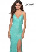 Picture of: Stretch Lace Dress with Lace Up Back and Rhinestones in Aqua, Style: 28632, Detail Picture 5