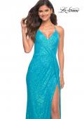 Picture of: Bright Draped Slit Long Sequin Gown with Lace Up Back in Aqua, Detail Picture 5
