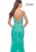 Picture of: Lace Long Dress with High Side Slit and V Neckline in Aqua, Style: 31125, Detail Picture 5