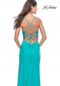 Picture of: Lace Asymmetrical Gown with Jersey Skirt and Twist Knot Detail in Neon in Aqua, Style: 31447, Detail Picture 5