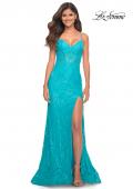 Picture of: Neon Lace Prom Gown With Sheer Bodice and Tie Up Back in Aqua, Detail Picture 6