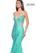 Picture of: Lace and Tulle Mermaid Gown with Side Cut Outs in Aqua, Style: 31133, Detail Picture 6