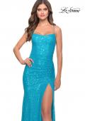 Picture of: Lace Up Back Sequin Gown with Flare Skirt in Bright Colors in Aqua, Style: 31509, Detail Picture 6