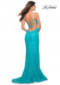 Picture of: Neon Lace Prom Gown With Sheer Bodice and Tie Up Back in Aqua, Detail Picture 7