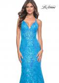 Picture of: Neon Mermaid Print Sequin Dress with Lace Up Open Back in Aqua, Style: 32337, Detail Picture 7