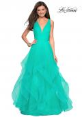 Picture of: Long Tulle Evening Gown with Plunging Neckline in Aquamarine, Style: 27628, Detail Picture 1