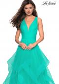 Picture of: Long Tulle Evening Gown with Plunging Neckline in Aquamarine, Style: 27628, Detail Picture 3