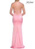 Picture of: Halter Satin Gown with Beaded Lace Trim and Open Back in Baby Pink, Style: 33735, Detail Picture 10