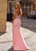 Picture of: Lace Bodice Fitted Gown with Slit and Open Back in Baby Pink, Style: 33395, Detail Picture 4