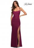 Picture of: Jersey Luxe Gown with Draped Slit and Strappy Back in Purple, Style: 30610, Detail Picture 1
