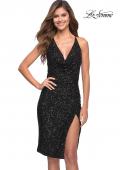 Picture of: Soft Sequin Midi Dress with Draped Neckline and Slit in Black, Style 30922, Detail Picture 3