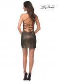Picture of: Metallic Short Dress with Ruching and Ruffle Skirt in Black Gold, Detail Picture 4