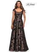 Picture of: Cap Sleeve Floral A-line Evening Gown with Pockets in Black Gold, Style: 27999, Main Picture