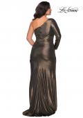 Picture of: One Shoulder Long Sleeve Metallic Plus Size Gown in Black Gold, Style: 28878, Back Picture