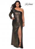 Picture of: One Shoulder Long Sleeve Metallic Plus Size Gown in Black Gold, Style: 28878, Detail Picture 2