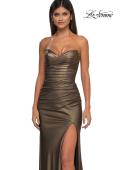 Picture of: Net Jersey Prom Dress with Strapless Top and Flattering Ruching in Black Gold, Style: 32946, Detail Picture 13