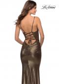 Picture of: Metallic Dress with Draped Neckline and Ruching in Black Gold, Style: 28913, Back Picture