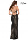 Picture of: Criss Cross Ruched Metallic Prom Dress with Slit Black Gold, Style 29836, Back Picture