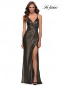 Picture of: Criss Cross Ruched Metallic Prom Dress with Slit Black Gold, Style 29836, Detail Picture 3