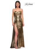 Picture of: Strapless Chic Metallic Jersey Dress with Draped Slit in Black Gold, Style 32830, Detail Picture 5