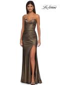 Picture of: Net Jersey Prom Dress with Strapless Top and Flattering Ruching in Black Gold, Style: 32946, Detail Picture 5