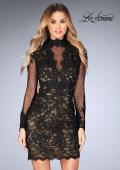 Picture of: Short Lace Dress with Sheer Scalloped Neckline in Black, Style: 25121, Main Picture
