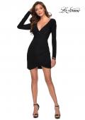 Picture of: Long Sleeve Jersey Homecoming Dress with Open Back in Black, Style: 29487, Main Picture