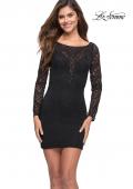 Picture of: Long Sleeve Lace Short Dress with Open Back in Black, Style 30857, Main Picture