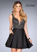 Picture of: Short Satin Homecoming Dress with Cut Outs in Black, Style: 25132, Detail Picture 1