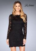 Picture of: Long Sleeve Short Lace Dress with Open Strappy Back in Black, Style: 25134, Detail Picture 1