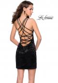 Picture of: High Neck Short Velvet Dress with Criss Cross Back Straps in Black, Style: 26663, Detail Picture 1