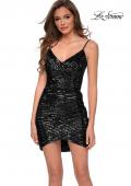 Picture of: Short Sequin Homecoming Dress with Faux Wrap Skirt in Black, Style: 29426, Detail Picture 1