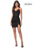 Picture of: V Neck Sequin Short Dress with Criss Cross Straps in Black, Detail Picture 1