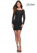 Picture of: Long Sleeve Lace Short Dress with Open Back in Black, Style 30857, Detail Picture 1