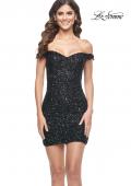 Picture of: Off the Shoulder Sequin Mini with Fringe Beaded Detail in Black, Style: 31727, Detail Picture 1