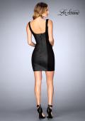 Picture of: Short Leather Homecoming Dress with Jersey Panels in Black, Style: 25050, Detail Picture 2